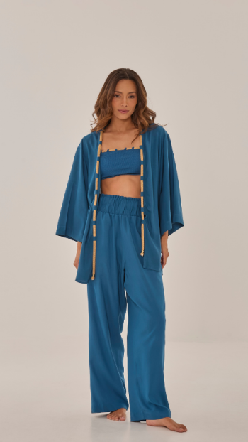 KIMONO IZA AZUL BOSQUE E CALÇA CAMILA AZUL BOSQUE